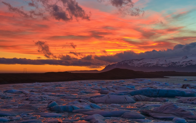 2560x1600 pix. Wallpaper jokulsarlon glacial lagoon, iceland, sunset, nature, water, ice, mountains
