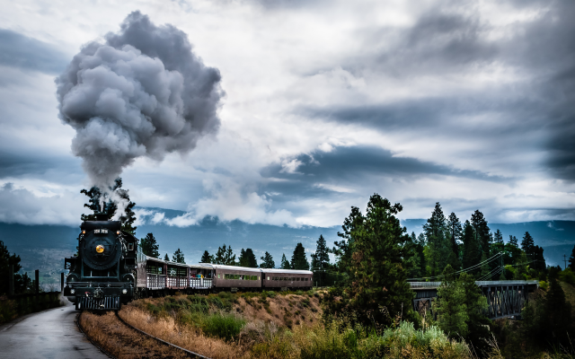 3360x2100 pix. Wallpaper steam locomotive, steam train, train, smoke, tree, clouds, bridge, railway, nature