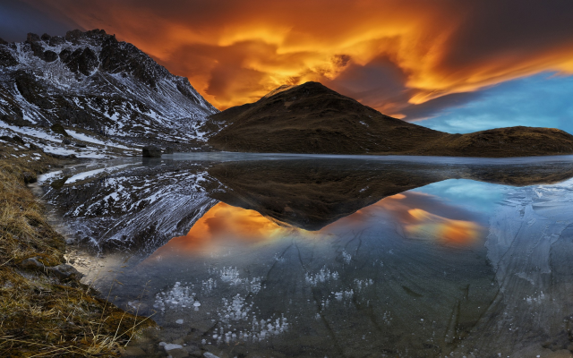 2500x1405 pix. Wallpaper alps, france, nature, landscape, lake, mountains, snow, sunset, sky, clouds, reflection