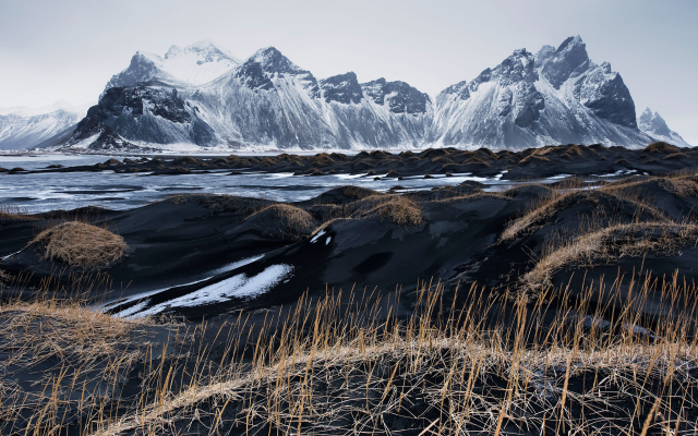2048x1367 pix. Wallpaper vestrahorn, stockksness, iceland, black sand, volcanic sand