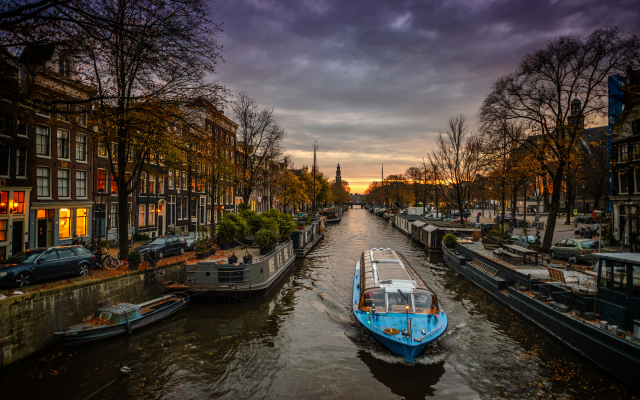 2048x1367 pix. Wallpaper amsterdam, canal, boat, netherlands, city, evening