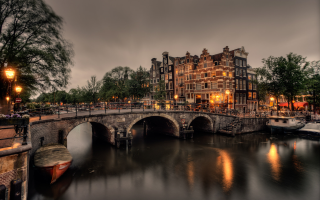 2048x1312 pix. Wallpaper amsterdam, canal, netherlands, city, evening, buildings