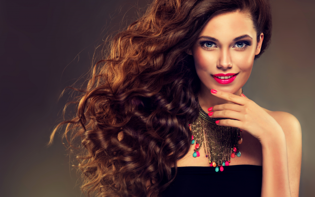 3415x2284 pix. Wallpaper model, makeup, elegant, red lips, brunette, curly hairs, women