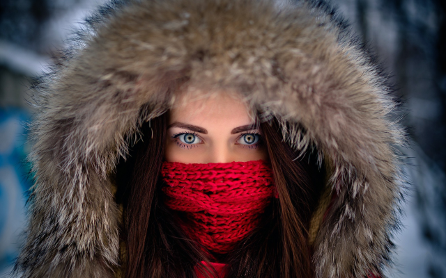 2048x1152 pix. Wallpaper women, outdoors, face, red scarf, eyes, winter, fur hood