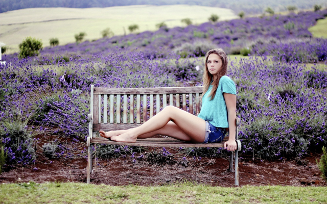 1920x1280 pix. Wallpaper anneka j, lavender, farm, bench, women, outdoors, sitting, model, legs, jeans shorts