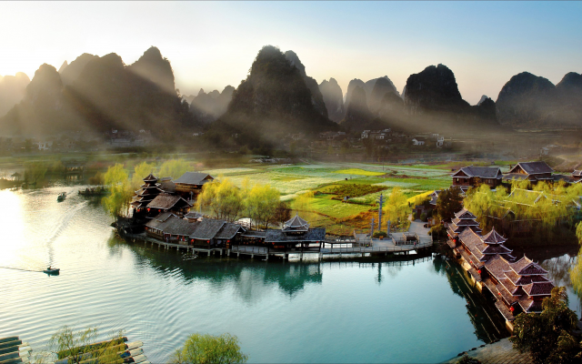 3819x2222 pix. Wallpaper shi wai tao yuan, guilin, china, river, mountains, lights, valley, landscape, nature
