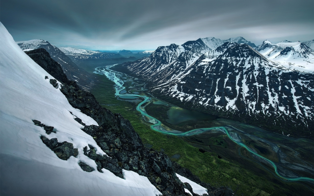 2048x1316 pix. Wallpaper mountains, snow, river, valley, snowy peak, spring, sweden, nature, landscape