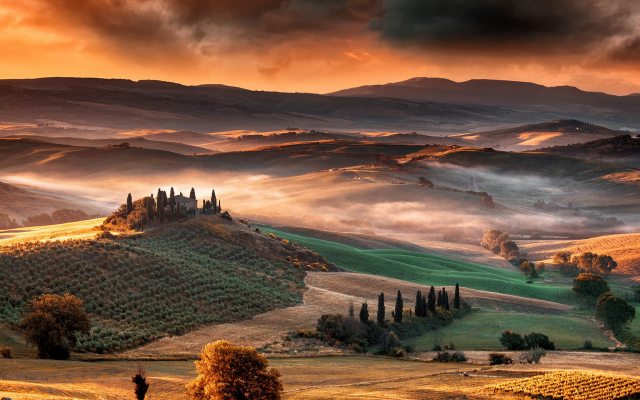 2048x1366 pix. Wallpaper tuscany, italy, fog, sunrise, valley, field, hill, nature, landscape