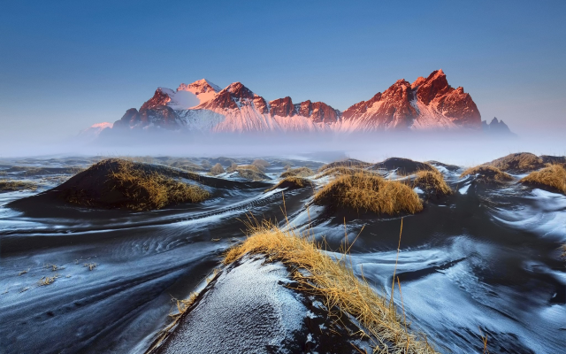 2048x1365 pix. Wallpaper vestrahorn, iceland, mountains, morning, fog, lava sand, snow, nature, landscape