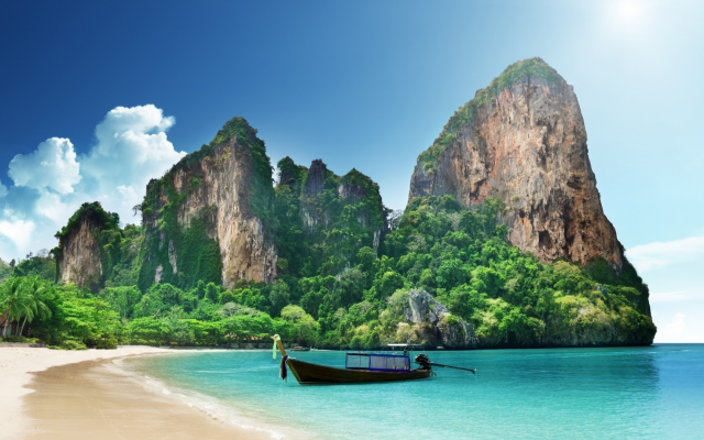 1920x1080 pix. Wallpaper krabi, thailand, long-tail boat, ruea hang yao, beach, sea, sand, boat, nature, mountains