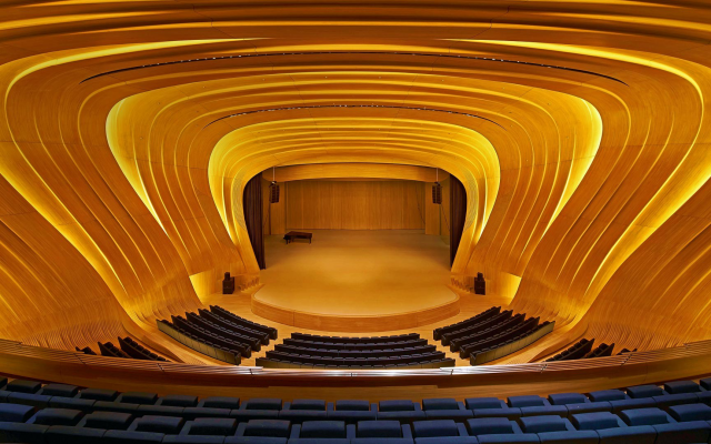 1920x1080 pix. Wallpaper heydar aliyev center, baku, azerbaijan, concert hall, symmetry, interior, chair, stage, piano