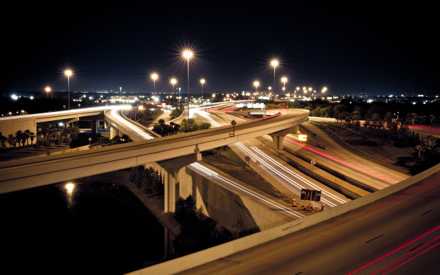 2560x1600 pix. Wallpaper city, Freeway, night, long exposure, road