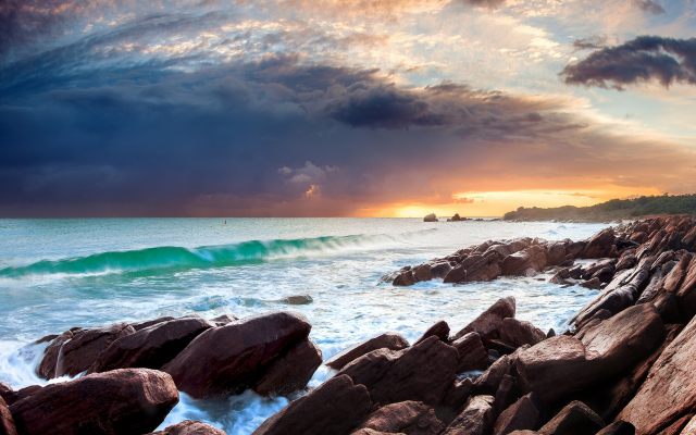 2500x1563 pix. Wallpaper meelup beach, sugarloaf rock, sunrise, sea, ocean, coast, waves, rock, sky, clouds, nature