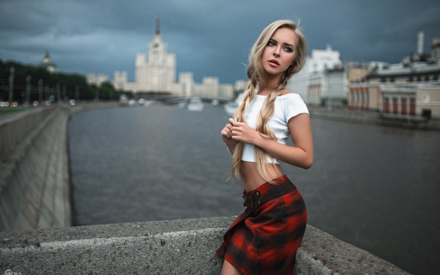 2048x1367 pix. Wallpaper women, model, blonde, ponytail, skirt, river, city, looking away, moscow