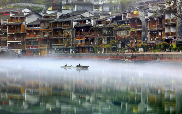 1920x1200 pix. Wallpaper phoenix ancient town, river, mist, fog, water, bird, reflection, nature, city, fenghuang, xiangxi, hunan, china