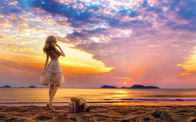 1920x1080 pix. Wallpaper sunset, beach, ocean, women, blonde, doll, white dress, sea, nature