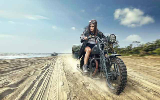2000x1333 pix. Wallpaper motorcycle, women, beach, sand, sea, art