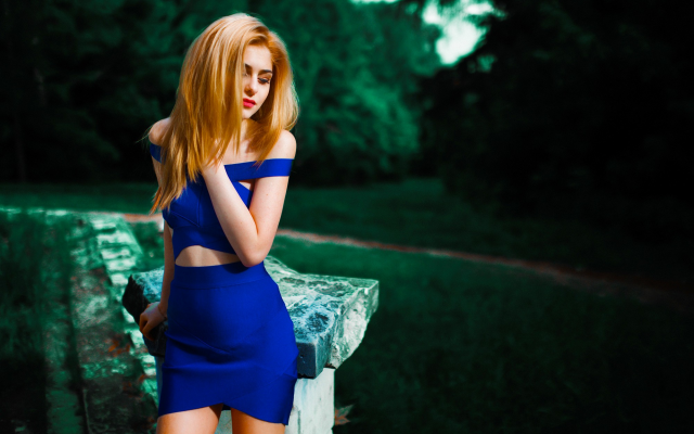 2000x1333 pix. Wallpaper galina rover, redhead, blue dress, women, model