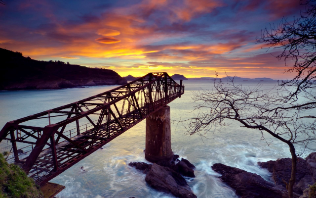 1920x1200 pix. Wallpaper water, sea, bridge, destroyed, abandoned, pillar, rock, trees, sunset, coast, nature, 