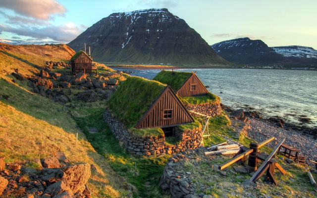 1920x1200 pix. Wallpaper water, sea, iceland, house, stones, grass, mountains, nature, landscape
