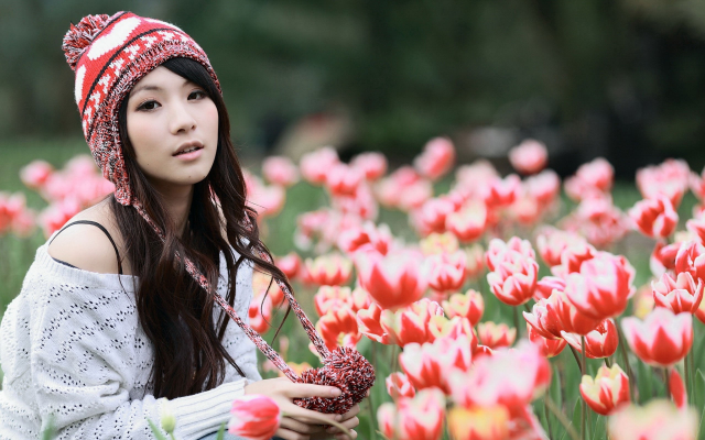 2560x1600 pix. Wallpaper beanie, asian, women, hat, tolips, flowers, nature