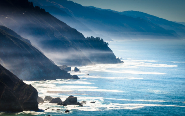 2048x983 pix. Wallpaper landscape, nature, mist, sea, mountains, coast, rocks, california, usa