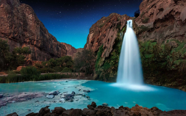 2048x1365 pix. Wallpaper waterfall, starry night, rocks, turquoise, canyon, long exposure, nature