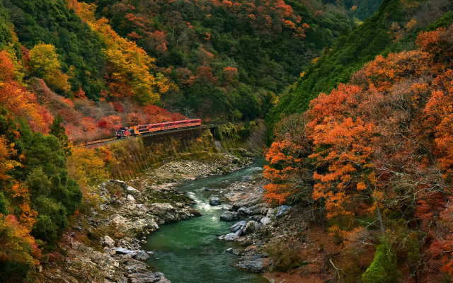 2400x1549 pix. Wallpaper sagano scenic railway, arashiyama, kyoto, japan, nature, train, river, mountains, forest, fall, canyon, autumn