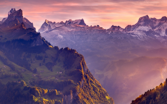 1900x898 pix. Wallpaper swiss alps, mountains, sunrise, snowy peak, mist, sunlight, village, nature, landscape, switzerland