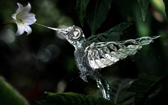 1920x1080 pix. Wallpaper mechanical hummingbird, bird, flowers, leaves, macro, hummingbird, robot
