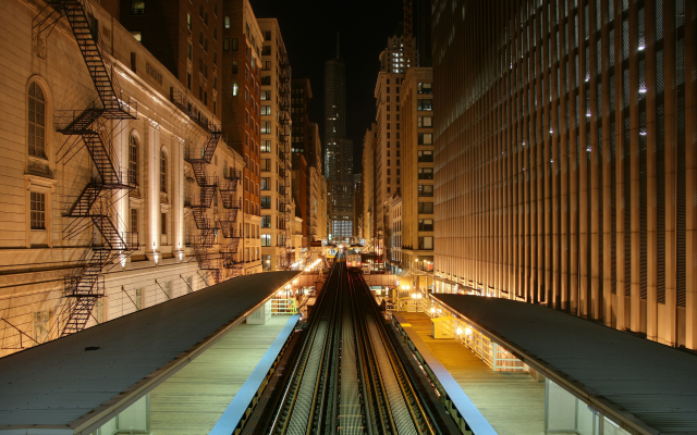 3840x2160 pix. Wallpaper chicago l train, chicago, city, cityscape, urban, metro, building, night, city lights, train station, railway