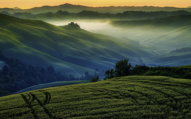 1920x1080 pix. Wallpaper nature, landscape, mist, hill, sunset, field