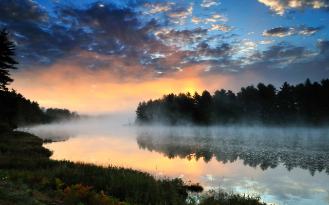 2560x1600 pix. Wallpaper river, forest, fog, clouds, sunset, nature