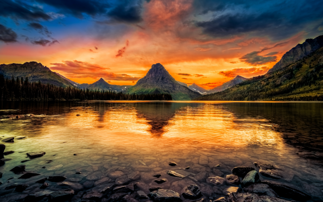 7045x4460 pix. Wallpaper two medicine lake, usa, glacier national park, forest, mountains, lake, sky, glow, sunset, nature