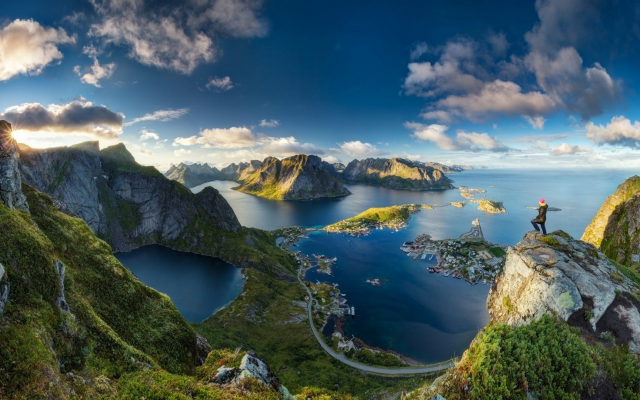 1920x1080 pix. Wallpaper norway, mountains, town, fjords, nature, sea, lofoten islands