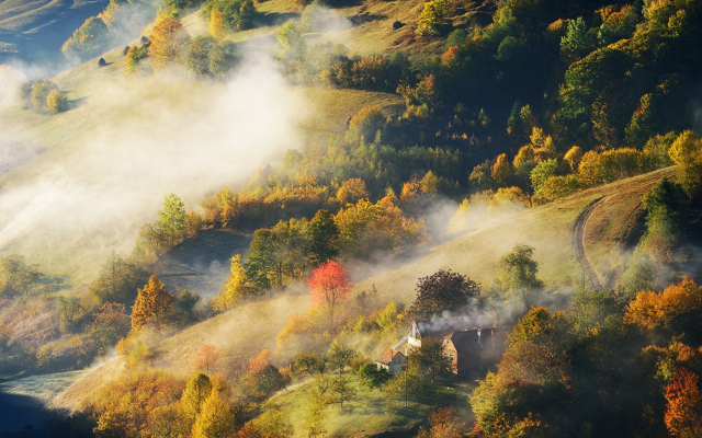 1920x1280 pix. Wallpaper hills, forest, foliage, fog, nature, autumn, nature