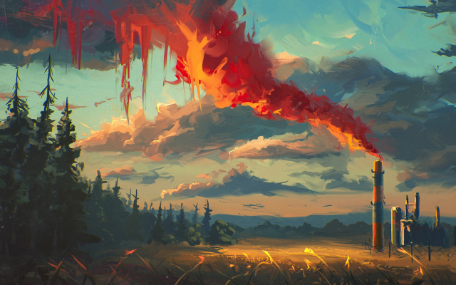 1920x1444 pix. Wallpaper sky, clouds, art, pipe, smoke, grass, forest, tree, 3d graphics