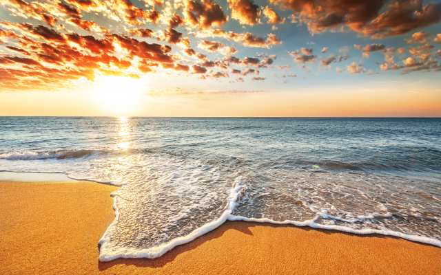 6016x3897 pix. Wallpaper beach, sunset, sky, clouds, sand, nature, water, sea