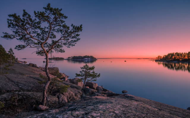 2048x1367 pix. Wallpaper gulf of finland, finland, island, sunset, tree, rocks