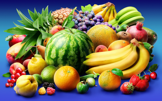 7086x4724 pix. Wallpaper fruits, watermelon, banana, orange, melon, grapes, strawberry, pineapple, food