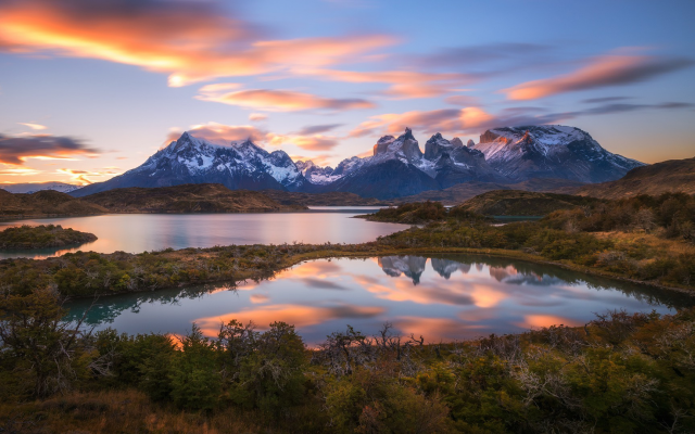 1920x1080 pix. Wallpaper Patagonia, Chile, nature, landscape, mountain, snow, water, lake, snowy peak, field, trees, clouds