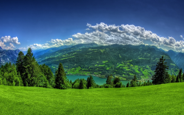 1920x1080 pix. Wallpaper mountains, lake, clouds, panorama, grass, nature