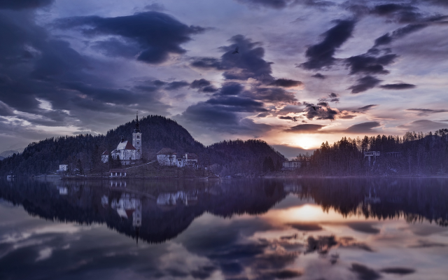 1920x1280 pix. Wallpaper bled lake, slovenia, morning, house, reflection, nature