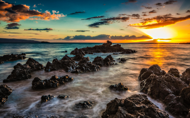 2048x1367 pix. Wallpaper dawn, rocks, sea, landscape, sunset, nature, makena beach