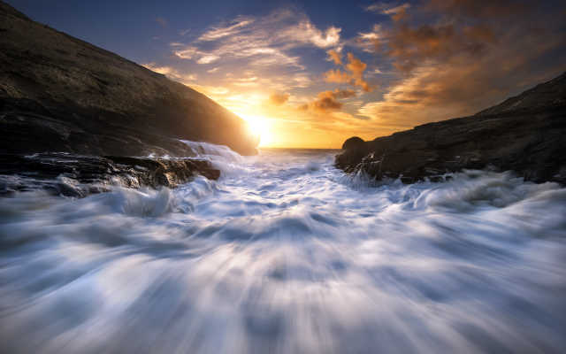 2880x1800 pix. Wallpaper sunset, dawn, island, tide, sun, celtic sea, nature