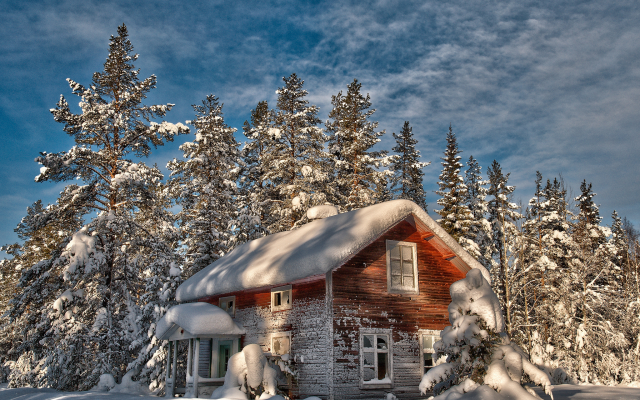 2048x1413 pix. Wallpaper winter, forest, house, snow, tree, nature