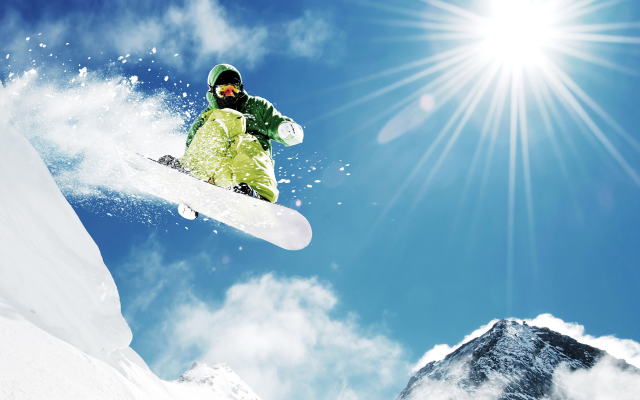 8000x6000 pix. Wallpaper mountains, winter, snowboard, snow, rays of light, sport