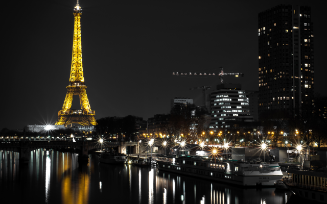 4636x3500 pix. Wallpaper france, eiffel tower, river, pier, paris, tower, night, lights, city, buildings