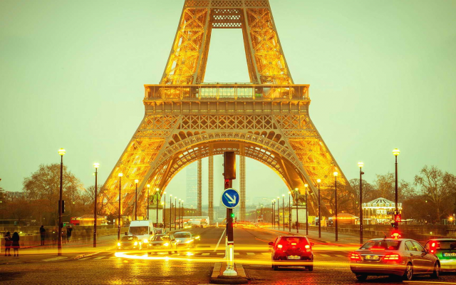 1920x1080 pix. Wallpaper eiffel tower, night, lights, street, cars, city, paris, france