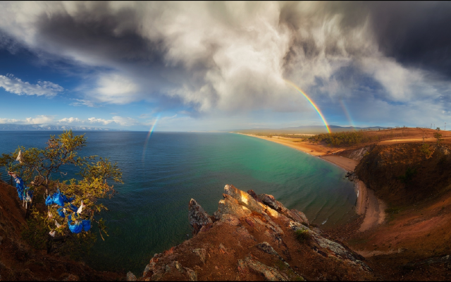 1920x1123 pix. Wallpaper olkhon, baikal, island, rainbow, nature, russia, lake, clouds